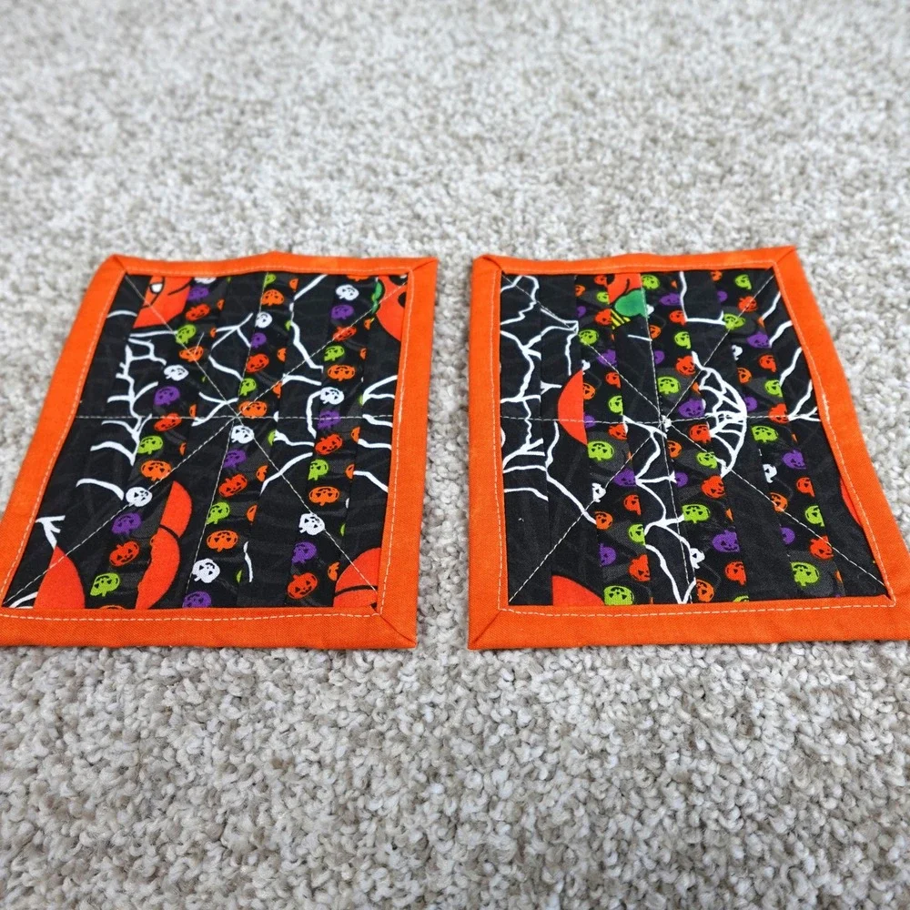 Handmade Quilted Mug Rugs Halloween Jack o' Lantern Spider Web Coasters Set of 2